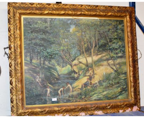 LARGE GILT FRAMED OIL ON CANVAS - WOODLAND SCENE WITH CHILDREN PLAYING IN A RIVER, SIGNED WM MCARTHUR     
