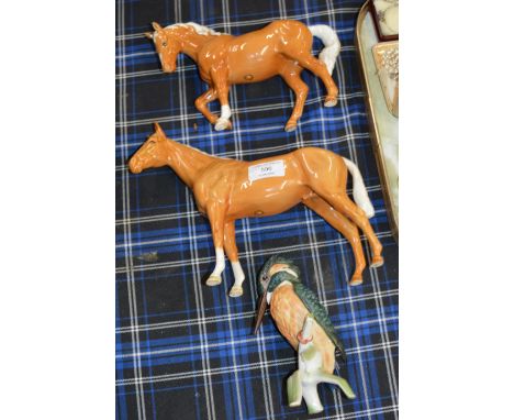 2 BESWICK HORSE ORNAMENTS &amp; GOEBEL KINGFISHER ORNAMENT     