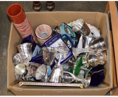 BOX WITH EP GOBLETS, WHISKY JUGS, POOLE POTTERY DOLPHIN ORNAMENT, MIXED CERAMICS &amp; GENERAL BRIC-A-BRAC     