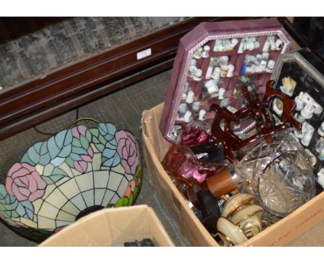 DECORATIVE LIGHT SHADE &amp; BOX WITH VARIOUS THIMBLES, MINIATURE BELLS, CUT GLASS BASKET, COLOURED GLASS WARE, CIGARETTE LIG