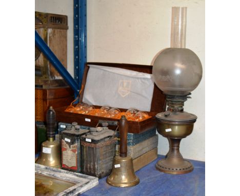 2 OLD HAND BELLS, 2 VINTAGE BATTERIES, CASED SET OF EDINBURGH CRYSTAL STEM GLASSES, ASSORTED CUTLERY &amp; PARAFFIN LAMP     