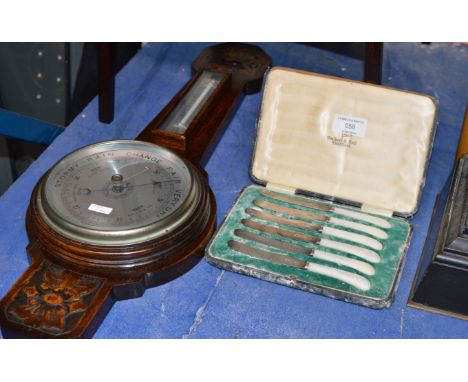 CASED SET OF 6 SHEFFIELD SILVER BLADED FRUIT KNIVES BY WALKER &amp; HALL &amp; OAK CASED BAROMETER     