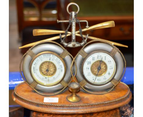 MILITARY INTEREST - A DESKTOP COMBINATION CLOCK, BAROMETER WITH COMPASS &amp; THERMOMETER ON OAK PLINTH