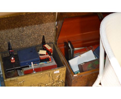 COAL BOX &amp; METAL TRUNK WITH VARIOUS CHILDREN'S BOOKS, ASSORTED CUTLERY, MODEL VEHICLES ETC     