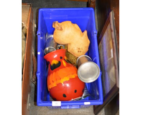 BOX WITH POOLE POTTERY VASE, CUTLERY, TANKARDS ETC     