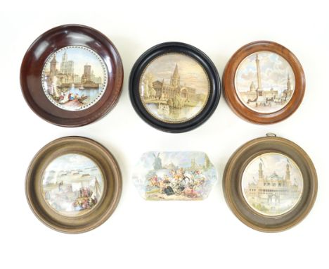 Six F. R. Pratt Prattware pot lidsTo include 'Rifle Contest Wimbledon', 'Church of the Holy Trinity- Stratford on Avon', 'Tra