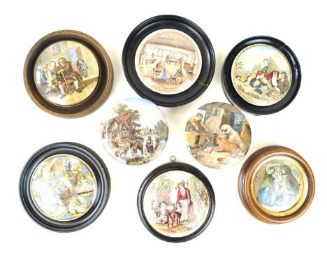 Eight F. R. Pratt Prattware pot lidsTo include 'Both Alike', 'I see you my boy', 'The seven ages of man' 
