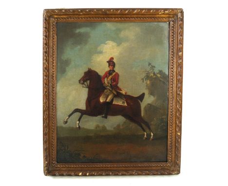 Attributed to David Morier (c. 1705-1770) - 'British Army Officer on Horseback'Oil on canvas, approx 50x40cm, inset later gil