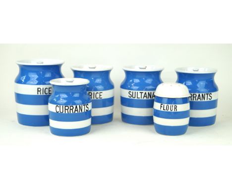 Six T G Green Cornish Ware storage jars To include 'Currants', Flour shaker, Rice, Sultanas, height of largest jar 16.5cm 