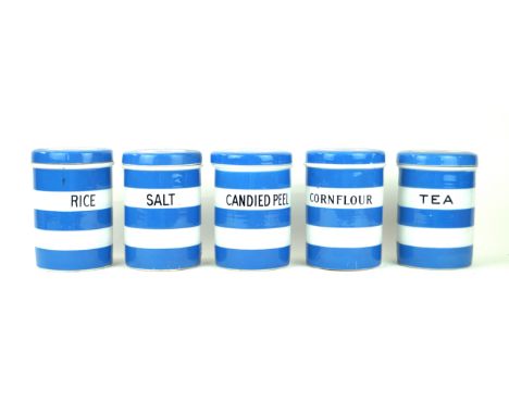 Five T G Green Cornish ware caddy jarsTo include 'Cornflour', 'Salt', 'Candied Peel', 'Rice' and 'Tea', height 17cm 