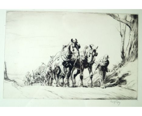 George Soaper (British, 1870-1942) - 'The Woodman's Team'Pencil signed etching, bears hand written and printed label verso fo
