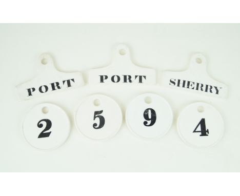 Seven 19th Century ceramic wine bin labels, possibly Wedgwood (unmarked)To include 'Port', 'Port', 'Sherry', '2, 4, 5, 9'   C