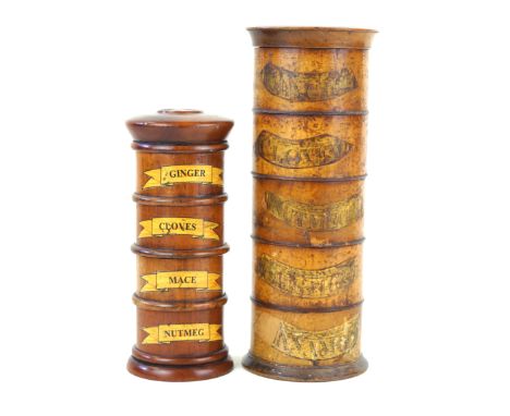 A 19th Century wooden five tier spice towerCloves, Nutmeg, Alls Spice, Cinnamon, height 25cm, together with a similar example