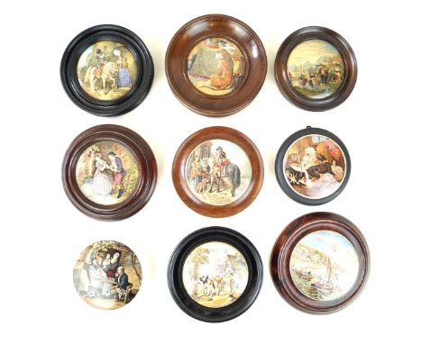 Nine F. R. Pratt Prattware pot lidsTo include 'A Fix' with large border, 'The Trooper', 'The Cavalier', 'Pegwell Bay'
