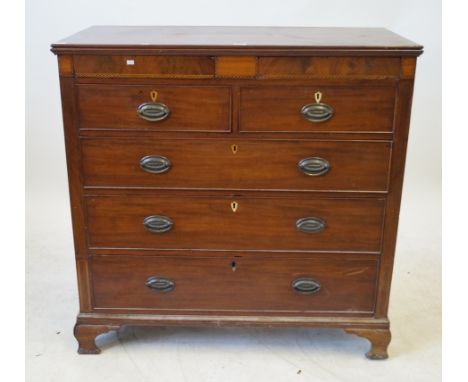 A late Georgian parquetry inlaid mahogany straight front chest of drawersThe rectangular top with moulded edges above two sec