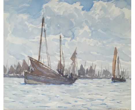Nelson Dawson RBA RE (1859-1941) - 'Scotch Herring Boats off Scarborough'Watercolour, signed, bears label verso for Sanders o
