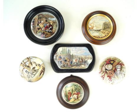 Six Prattware pot lidsTo include 'Bears on a rock', 'Eastern Repast', 'Chin Chew River', 'Peace' 