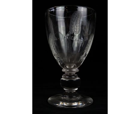 A good quality clear glass gobletWith engraved feathers entitled 'Ich Dien' commemorating the Prince of Wales Investiture, si