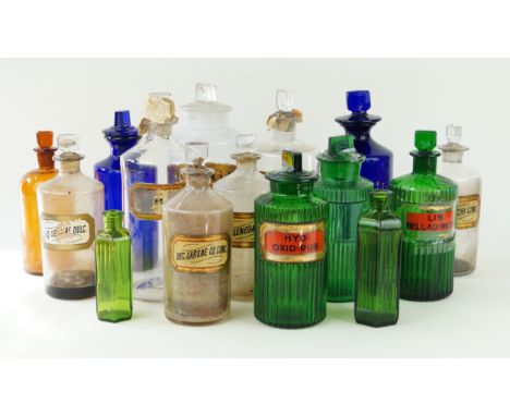 Fifteen assorted apothecary chemist bottlesVarious shapes, colour and labels to include 'HYD: OXID: RUB:, height of largest j
