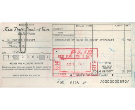 Dennis Hopper owned paying in book to First State Bank of Taos by El Cortez Theatre from 1971.Obtained from American auction 