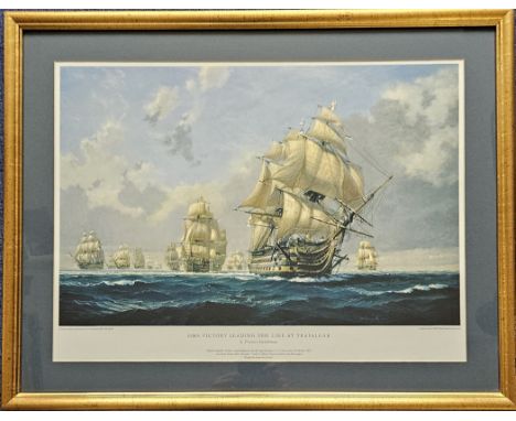 HMS Victory Leading The Line At Trafalgar' print after the original painting by S. Francis Smithsman beautifully mounted, fra