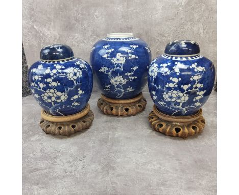 Oriental Ceramics - Three 19th century Kangxi period ginger jars, all decorated with flowerring prunus on a deep blue ground,