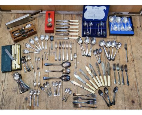 Flatware including a boxed Mappin &amp; Webb set of six teaspoons &amp; sugar nips; another boxed set of M&amp;W butter knife