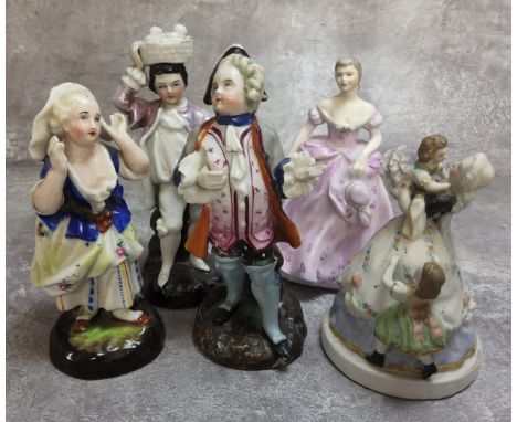 Three 19th century Pearlware figures of a Dandy, a Surprised Lady and a Fruit Carrier; another ceramic figure of a mother and
