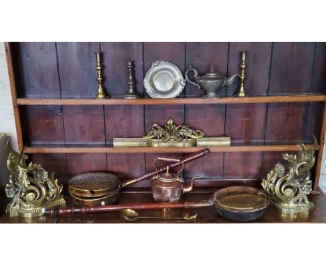 Metalware - a 19th century French brass fireguard; Victorian pewter teapot, Victorian copper teapot, Arts &amp; Crafts type p