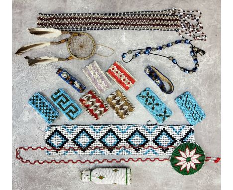 Americana - 19th century Native American bead work and later, including hide lined colourful beadwork napkin rings, beadwork 