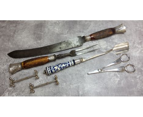 An early Walker &amp; Hall silver mounted stag antler carving set comprising knife &amp; fork; a John Grinsell &amp; Sons whi