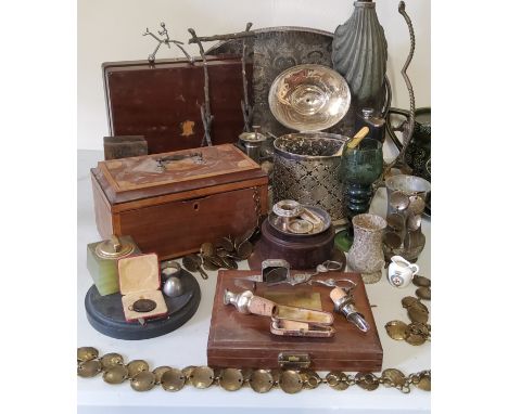 Boxes &amp; Objects a Regency tea caddy for restoration; scallop lamp shade; 19th century Sheffield plate candle wick trimmer