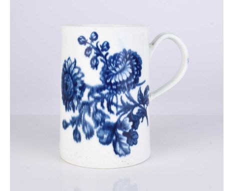 A Worcester porcelain 'Natural Sprays mug, circa 1770, transfer-printed in underglaze blue, crescent mark, 12cm highCondition