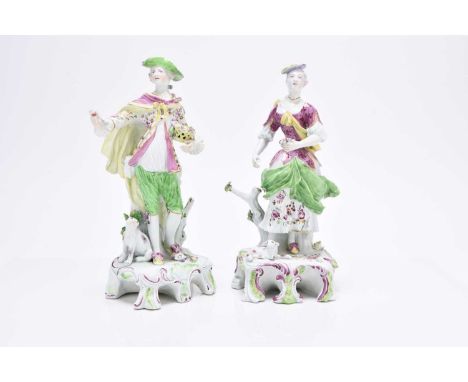 A pair of Derby porcelain models of a Dresden Shepherd and Shepherdess, circa 1755-60, decorated in polychrome, the male figu