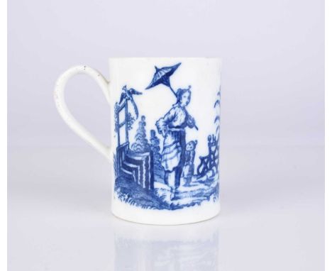 A small Caughley porcelain 'Le Promenade Chinoise / La Peche' mug, circa 1780, of slightly waisted form, transfer-printed in 