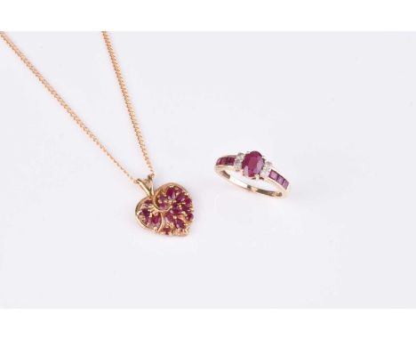 A 9ct gold heart shaped ruby set pendant on chain, together with a ruby and diamond ring, stamped '9k', size N, total weight 