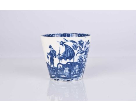 A rare Caughley 'Fisherman' porcelain beaker, circa 1785, transfer-printed in underglaze blue, with internal cell diaper and 