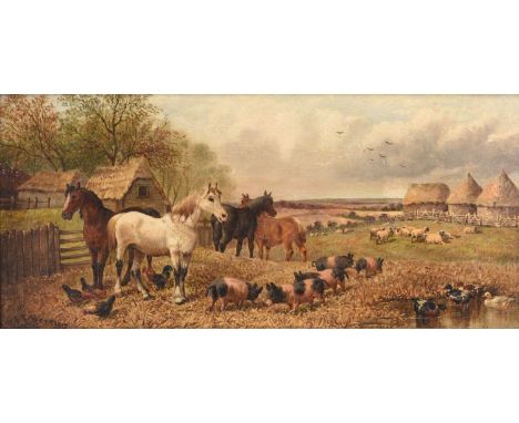 John Frederick Herring II (1815-1907) Horses and Farm Animals grazing in a field beside a pond, with hayricks beyond, signed 