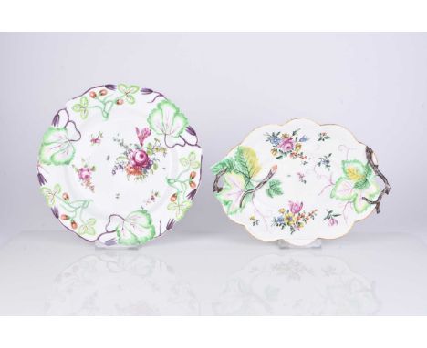 A Longton Hall porcelain strawberry moulded plate, circa 1755-56, the border moulded with leaves and fruiting strawberry vine