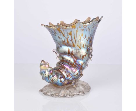 A Johann Lötz (Loetz) Witwe Bohemian Art Nouveau cornucopia vase, circa 1900, iridescent glass, the shell modelled on natural