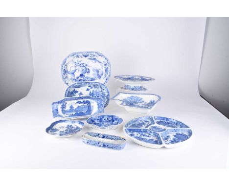 A collection of English blue and white earthenware, early 19th century, comprising a compartmentalized supper dish (broken an