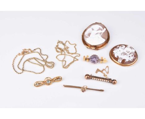 A small collection of jewellery, comprising; a Victorian yellow metal split pearl bar brooch, not stamped, a single stone ame
