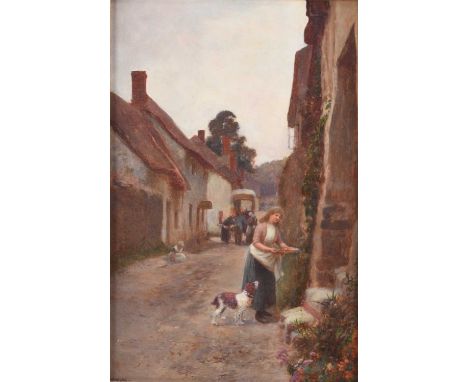 John White (1851-1933), A village street Getting Ready fo scene, showing a woman approaching a doorway with dog at heel, figu