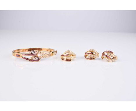 A suite of ruby and diamond jewellery, each piece formed of ruby and diamond set stylised entwined prongs, comprising; a hing