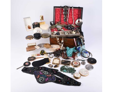 A collection of costume jewellery and compacts, to include; a shaped oval engine turned silver compact, mother of pearl mount