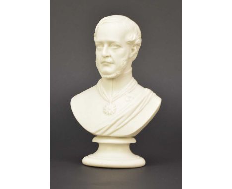 A small Kerr and Binns (Worcester) parian portrait bust of Prince Albert, 19th century, on socle base, printed factory mark i