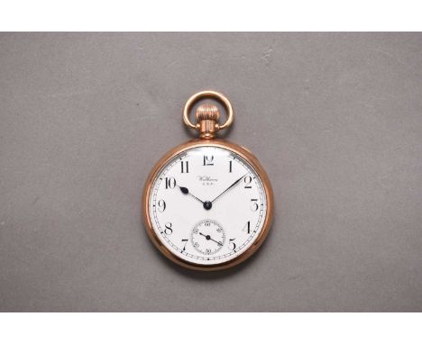 Waltham: A 9ct gold pocket watch Date: Hallmark for 1927 Movement: Jewelled, stem wind and set Dial: White enamel, black Arab