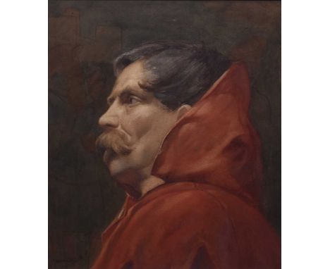 William John Wainwright (1855-1931) Gentleman in a Red Hooded Cloak, signed lower left, watercolour, 38 x 33 cm, frame 59 x 5