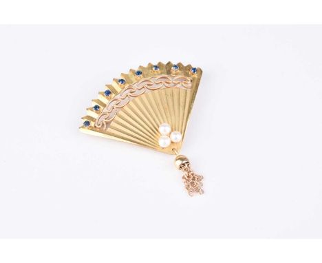 A yellow metal cultured pearl and blue stone set brooch in the form of a fan, not stamped, weight approx 6.1g