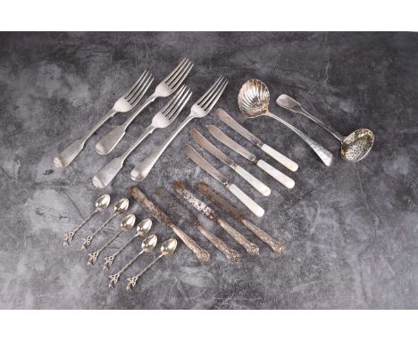 A collection of silver flatware, various dates and makers, comprising; a set of four Fiddle pattern table forks, Chawner &amp